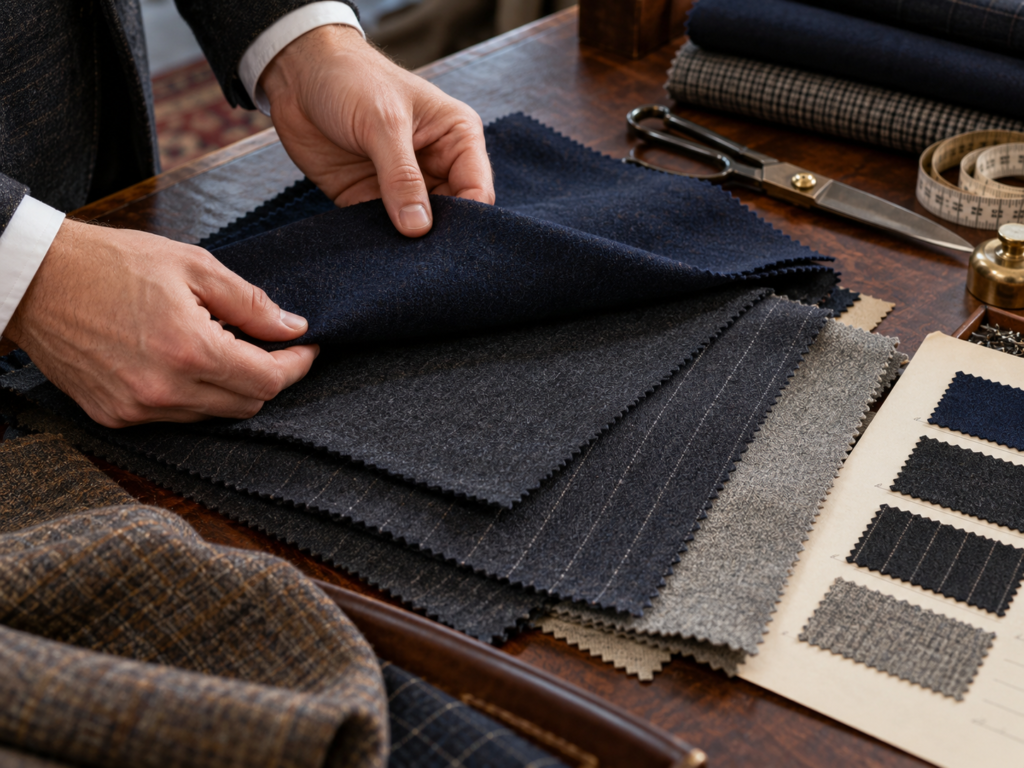 Tailor presenting a selection of fine suiting cloths during a private consultation