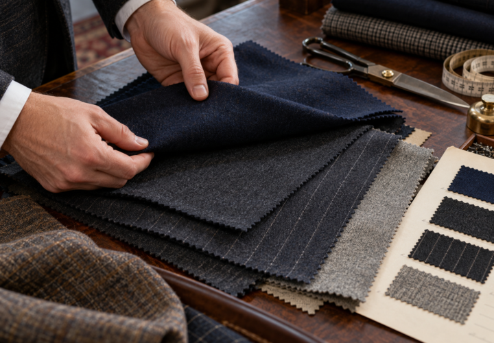 Tailor presenting a selection of fine suiting cloths during a private consultation