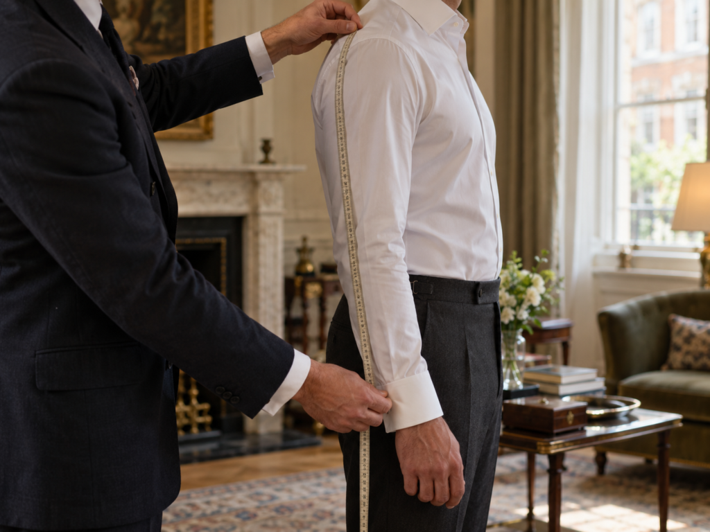 Tailor measuring a client for a bespoke suit during a private fitting at home