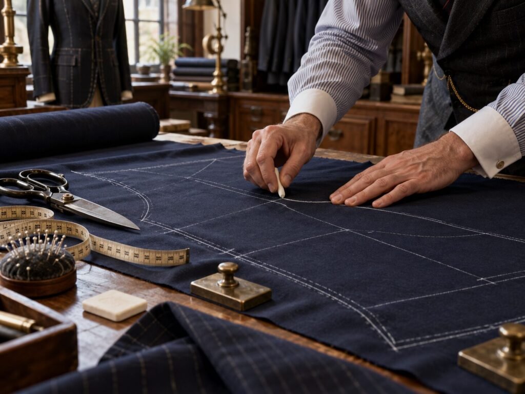 Tailor marking a bespoke jacket pattern on dark cloth with chalk