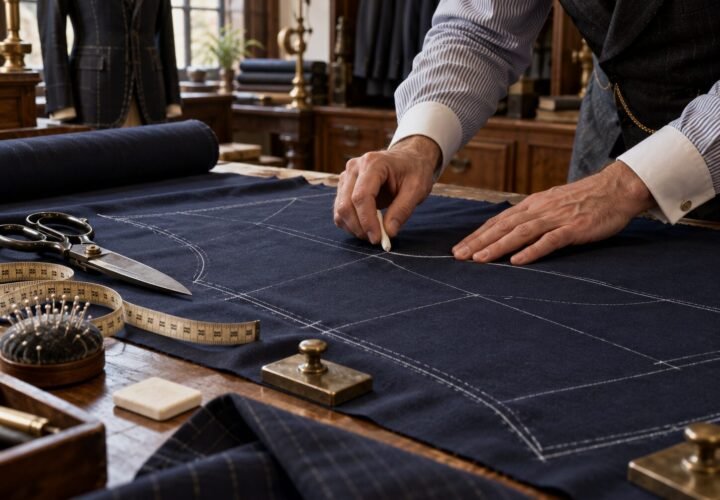 Tailor marking a bespoke jacket pattern on dark cloth with chalk